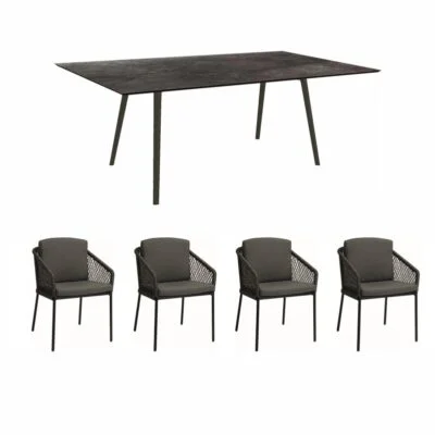 STERN Esstischgruppe Interno und Odea aus Aluminium in Schwarz mit Silverstar Dark Marble Platte