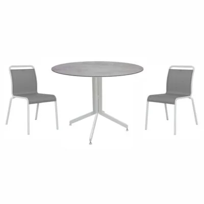 STERN Esstischgruppe mit abklappbarem Tisch und Oskar aus Aluminium in Weiß mit Zement Platte