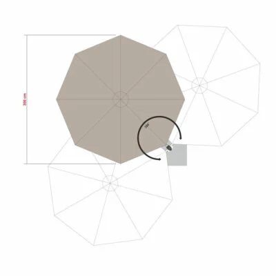 Skizze des Prostor P7 Ampelschirms mit rundem Schirmdach Ø 350 cm und 300° Drehfunktion