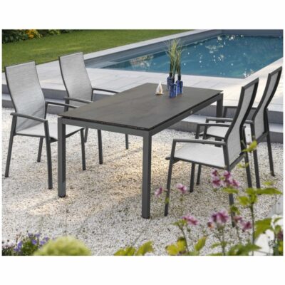STERN Esstischgruppe Classic und Kari mit Aluminiumgestell in Anthrazit und Silverstar Smoky Platte