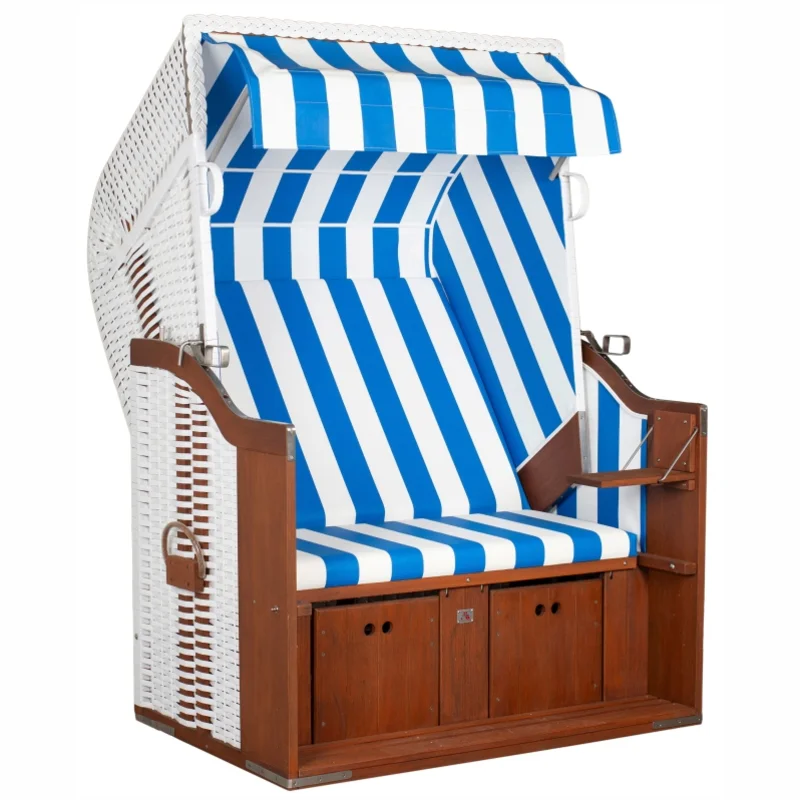 Strandkorb deVries Profi Ostsee Poel aus Mahagoniholz mit PVC-Geflecht weiß und Design 991