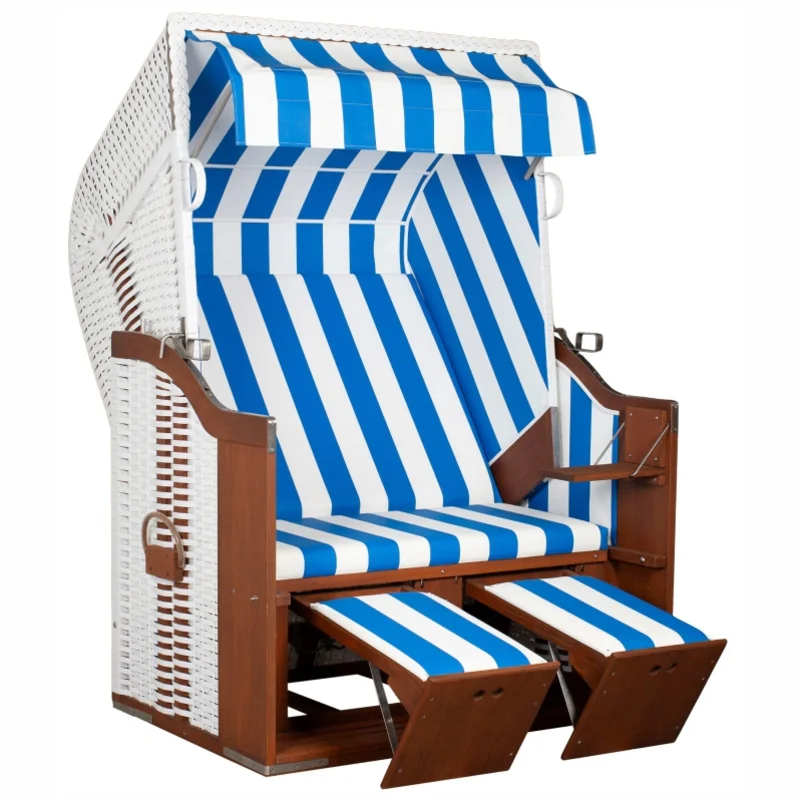 Strandkorb deVries Profi Ostsee Poel aus Mahagoniholz mit PVC-Geflecht weiß und Design 991