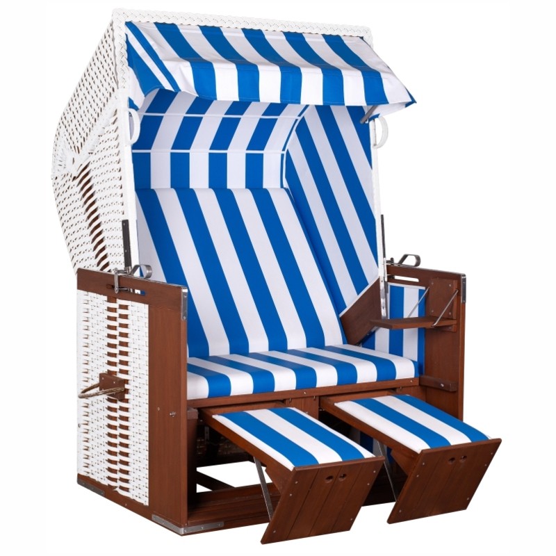 Strandkorb deVries Profi Ostsee Fehmarn aus Mahagoniholz mit PE-Geflecht weiß und Design 991