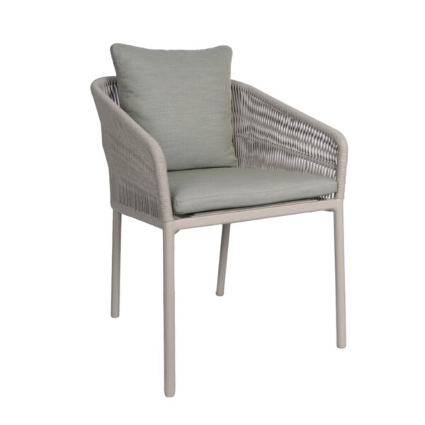 Stapelsessel STERN Jella Aluminium greige mit Kordel greige und Kissen salbei – H88 x B62 x T65 cm