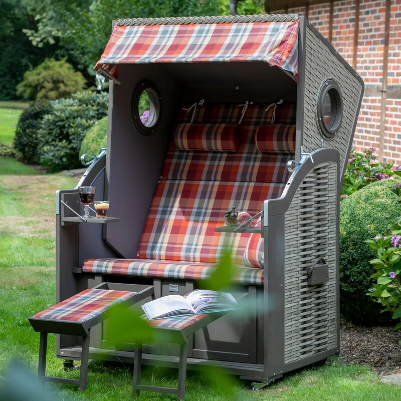 Strandkorb deVries Twin View aus Hartholz mit PE-Geflecht nature grey und Design 429