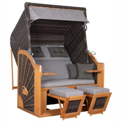 Strandkorb deVries PURE Classic XL SUN aus Teakholz mit PE-Geflecht stone grey und Design 466