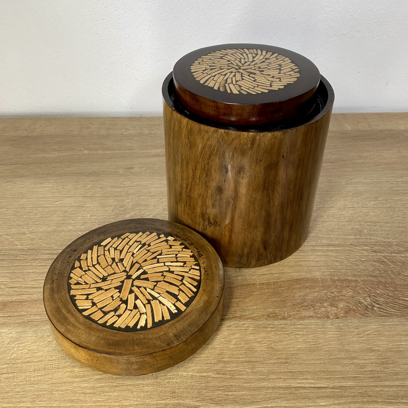 Holzbehälter 3er Set mit Deckel Bambusintarsie
