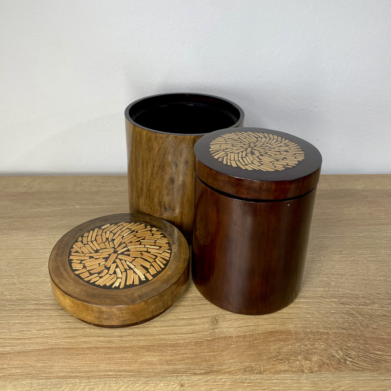 Holzbehälter 3er Set mit Deckel Bambusintarsie