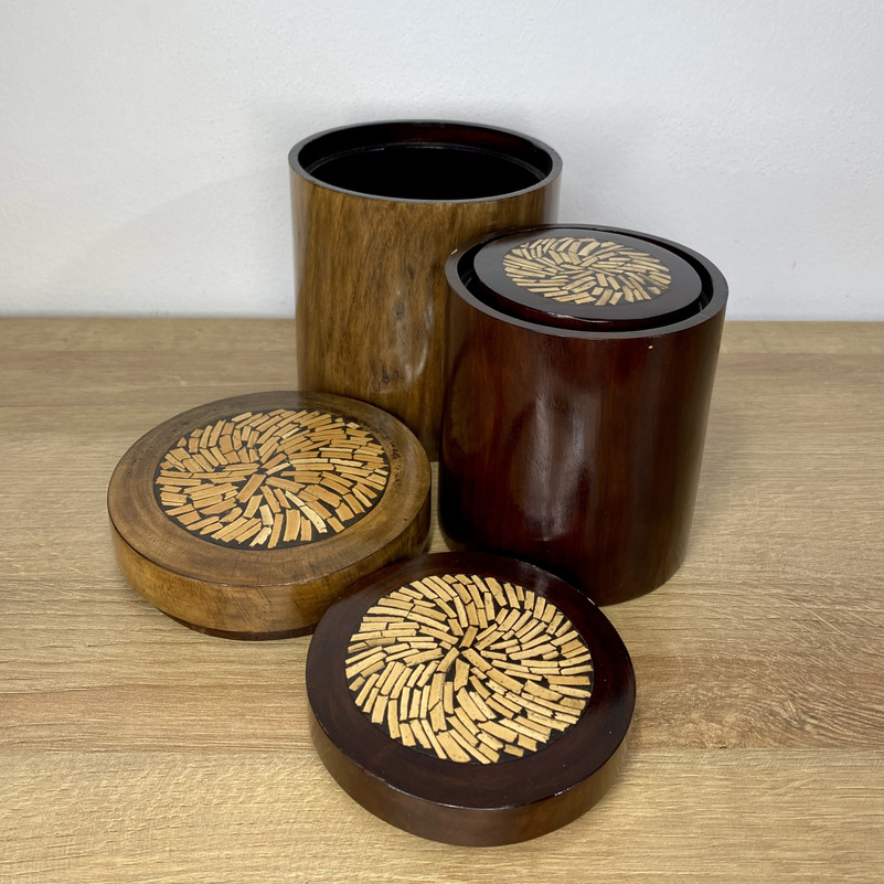 Holzbehälter 3er Set mit Deckel Bambusintarsie
