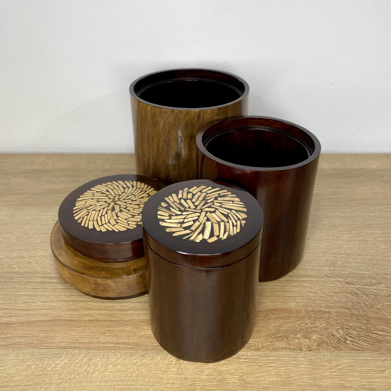 Holzbehälter 3er Set mit Deckel Bambusintarsie