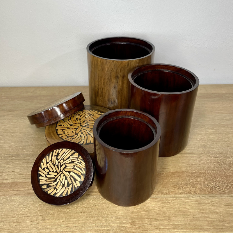 Holzbehälter 3er Set mit Deckel Bambusintarsie