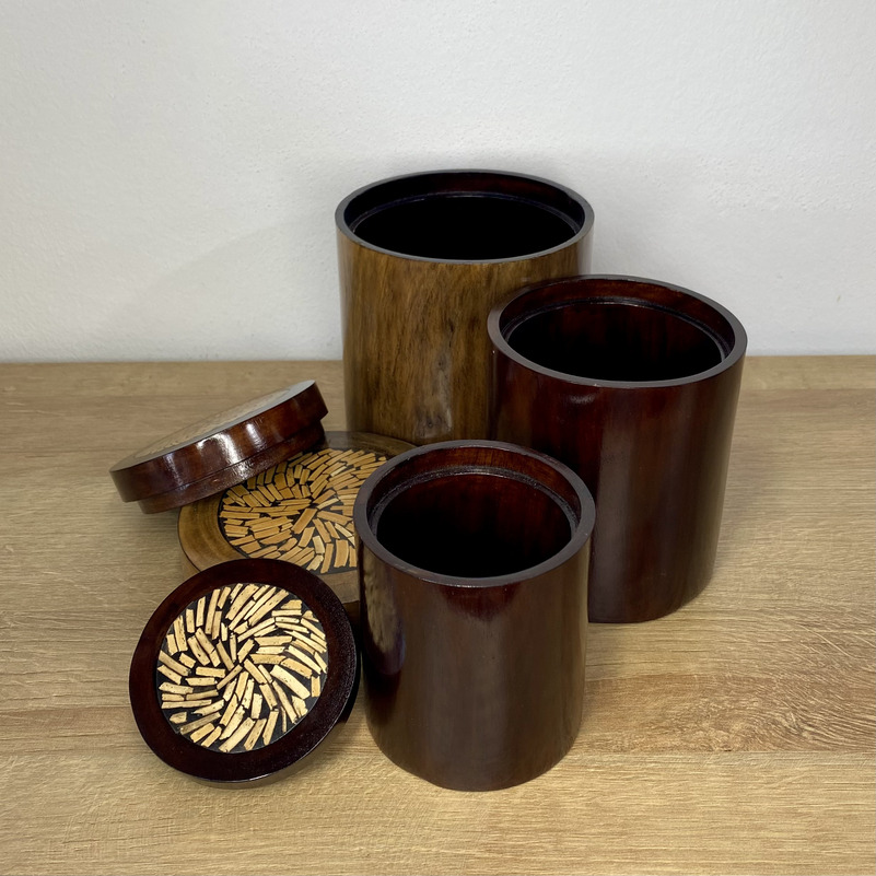 Holzbehälter 3er Set mit Deckel Bambusintarsie