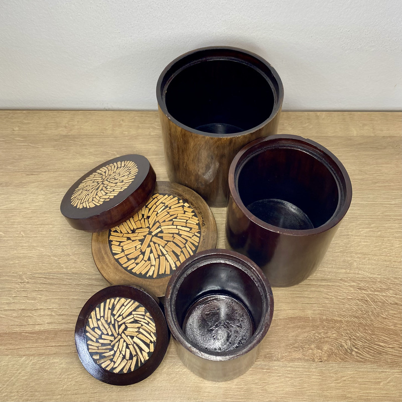 Holzbehälter 3er Set mit Deckel Bambusintarsie
