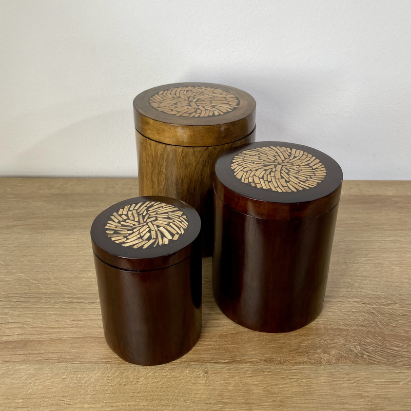 Holzbehälter 3er Set mit Deckel Bambusintarsie